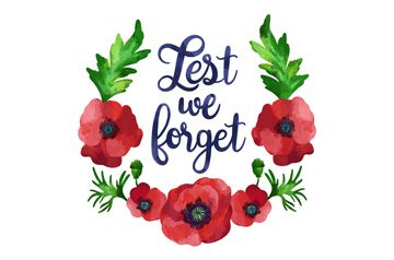 Poppy wreath with words: Lest we forget.