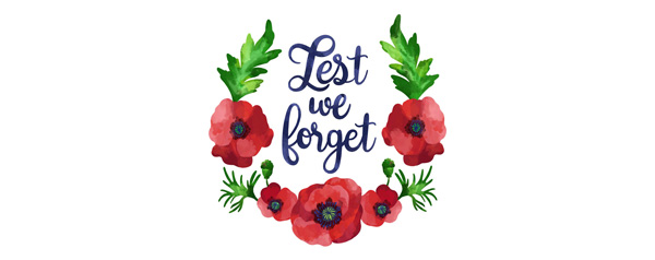 Poppy wreath with words: Lest we forget.